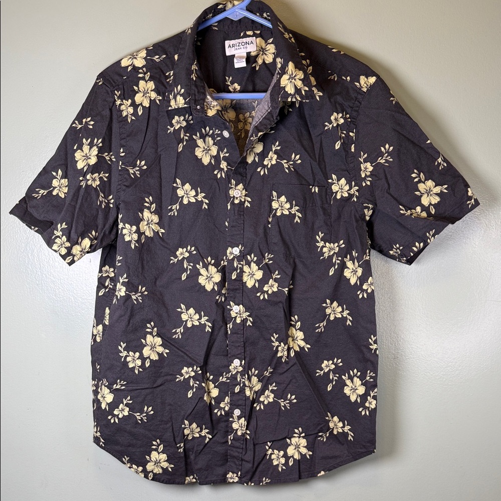 Arizona Jean Company Men's Dark Shirt with pale yellow Floral Design